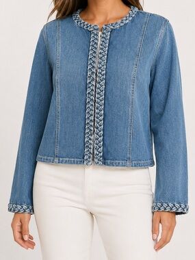 Curve Appeal Braided-Trim Denim Jacket - Medium Blue